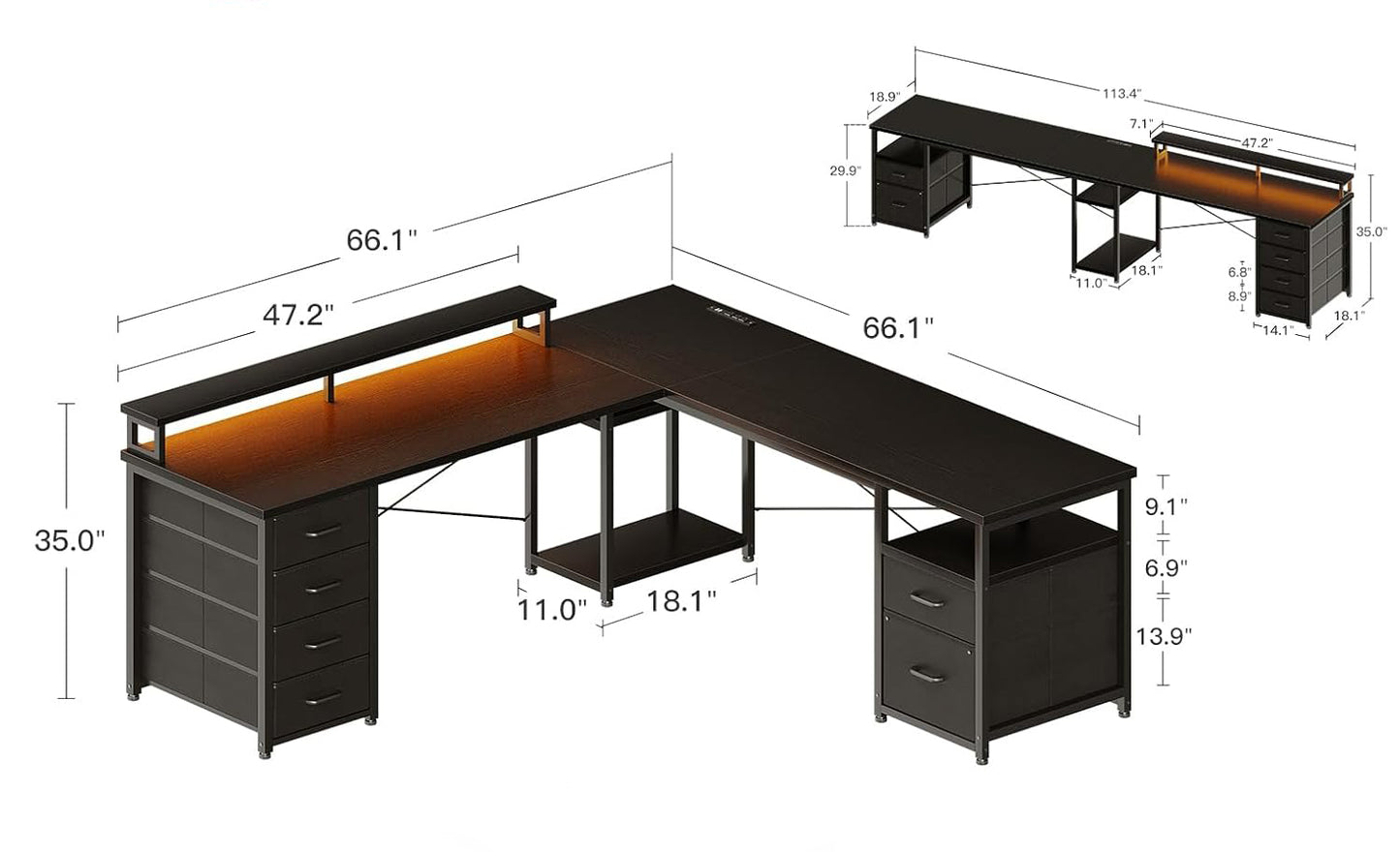 Inhabit Big Show 165cm L-Shaped High Storage Desk Built In LED & Power Supply