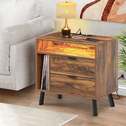 Inhabit Rustic Brown Charging Side Table / Nightstand With Built In LED Lights