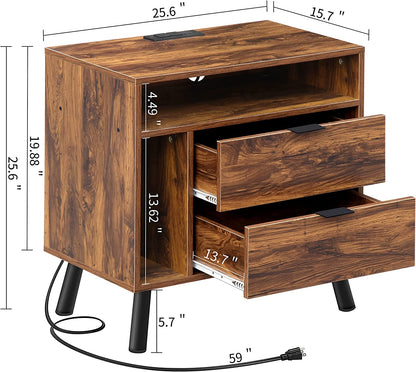 Inhabit Rustic Brown Charging Side Table / Nightstand With Built In LED Lights