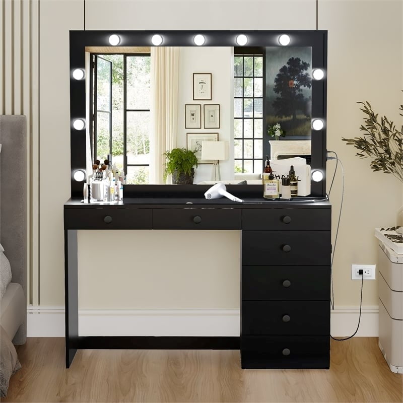 Inhabit Mirrored Makeup Vanity With 7 Drawers & Lightening