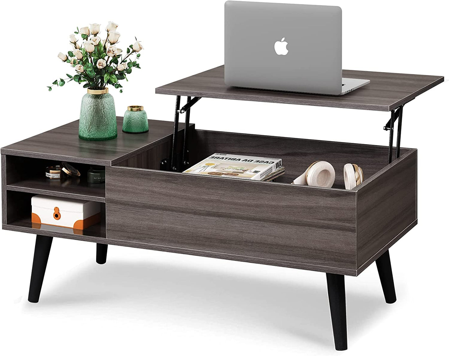 Inhabit Oak Finish Mechanism Coffee Table With Built In Storage & 2 Shelves