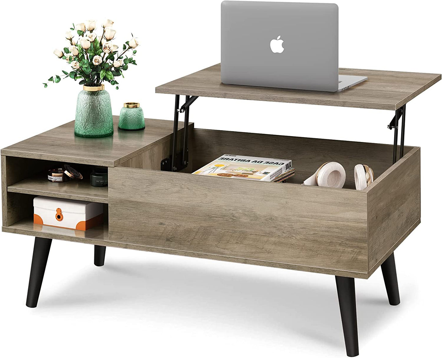 Inhabit Oak Finish Mechanism Coffee Table With Built In Storage & 2 Shelves