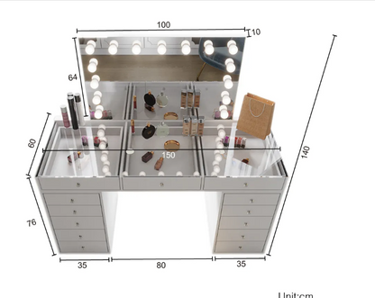 منضدة مكياج كبيرة الحجم مع مساحة تخزين كبيرة وأضواء ومرآة