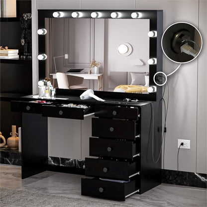 Inhabit Mirrored Makeup Vanity With 7 Drawers & Lightening