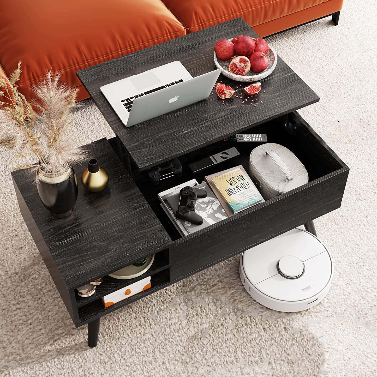 Inhabit Oak Finish Mechanism Coffee Table With Built In Storage & 2 Shelves