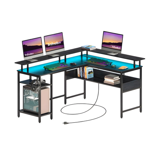 Inhabit Rockstar 120cm L-Shaped Desk With Built In Power Outlet & LED Lights