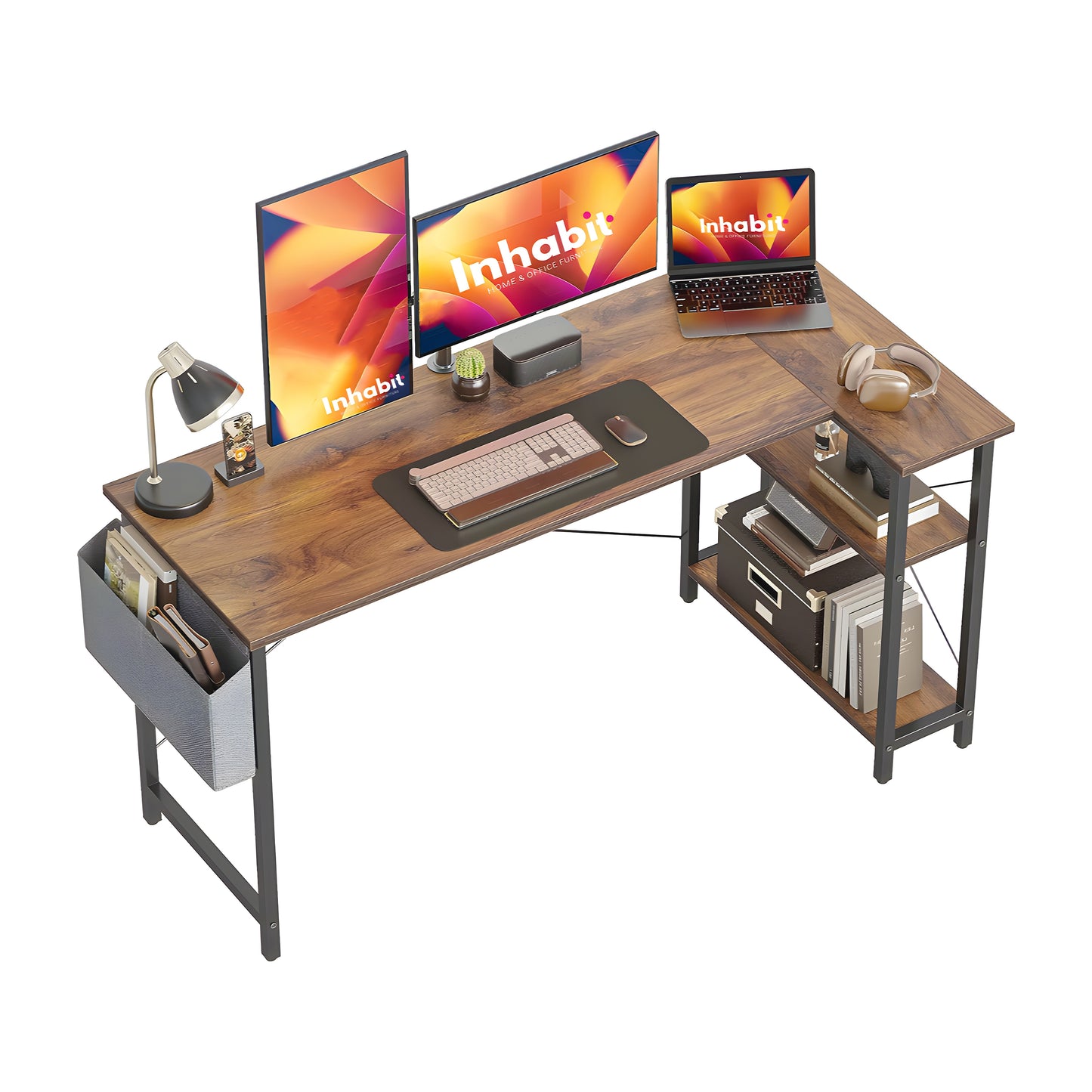 Inhabit 140cm L-Shape Desk With 2 Tier Shelves