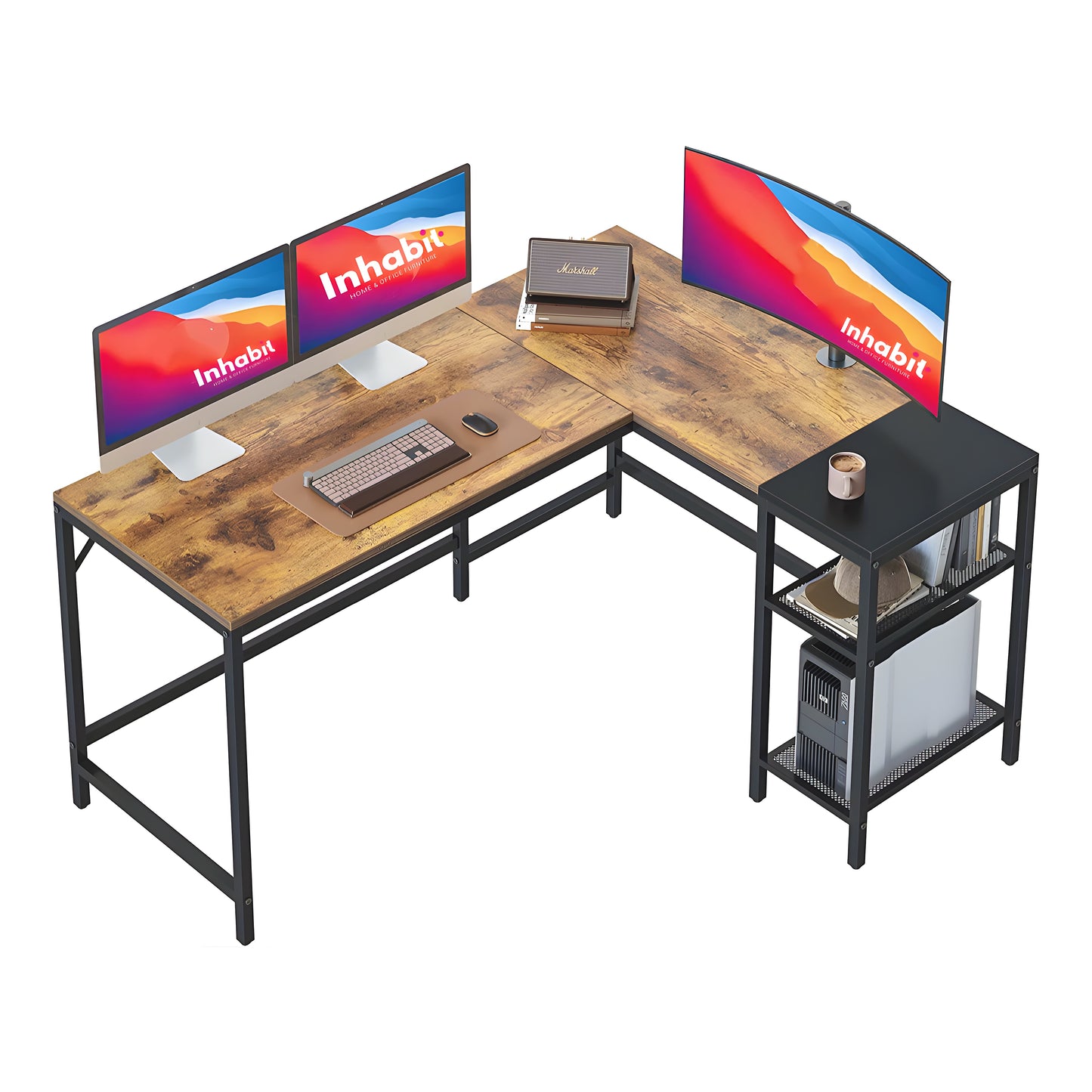 Inhabit L-Shaped 145cm Desk With PC & Storage Shelves