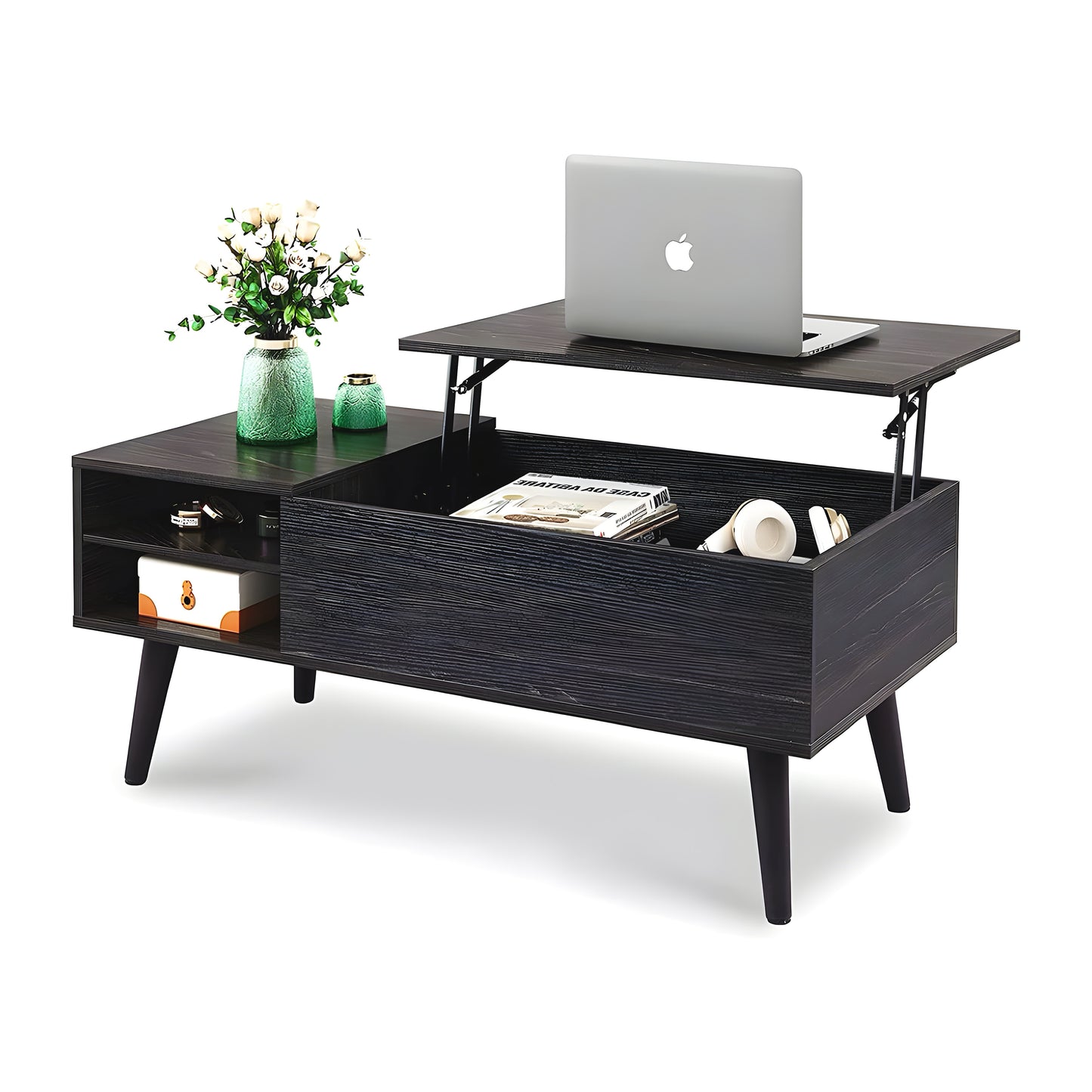 Inhabit Oak Finish Mechanism Coffee Table With Built In Storage & 2 Shelves