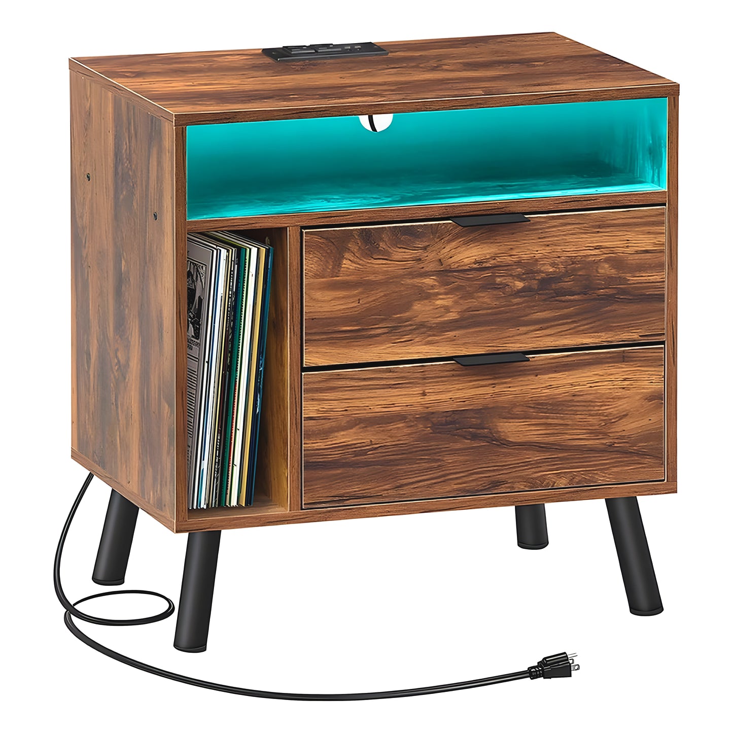 Inhabit Rustic Brown Charging Side Table / Nightstand With Built In LED Lights