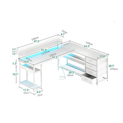 مكتب تخزين مرتفع على شكل حرف L مقاس 155 سم مع مصدر طاقة مدمج ومصباح LED